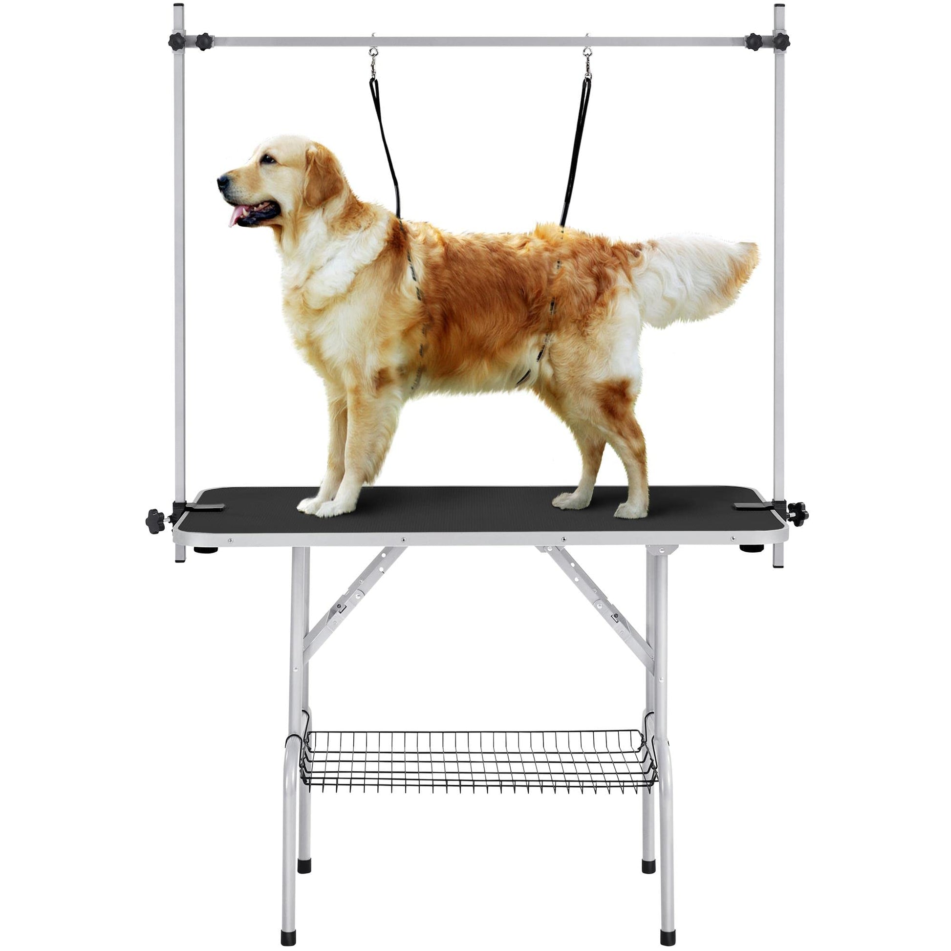 Yaheetech 46'' Pet Grooming Table for Large Dogs Adjustable Height Portable Trimming Table Drying Table w/Arm/Noose/Mesh Tray Maximum Capacity Up to 265Lb, Black - WoodArtSupply