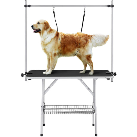 Yaheetech 46'' Pet Grooming Table for Large Dogs Adjustable Height Portable Trimming Table Drying Table w/Arm/Noose/Mesh Tray Maximum Capacity Up to 265Lb, Black Yaheetech