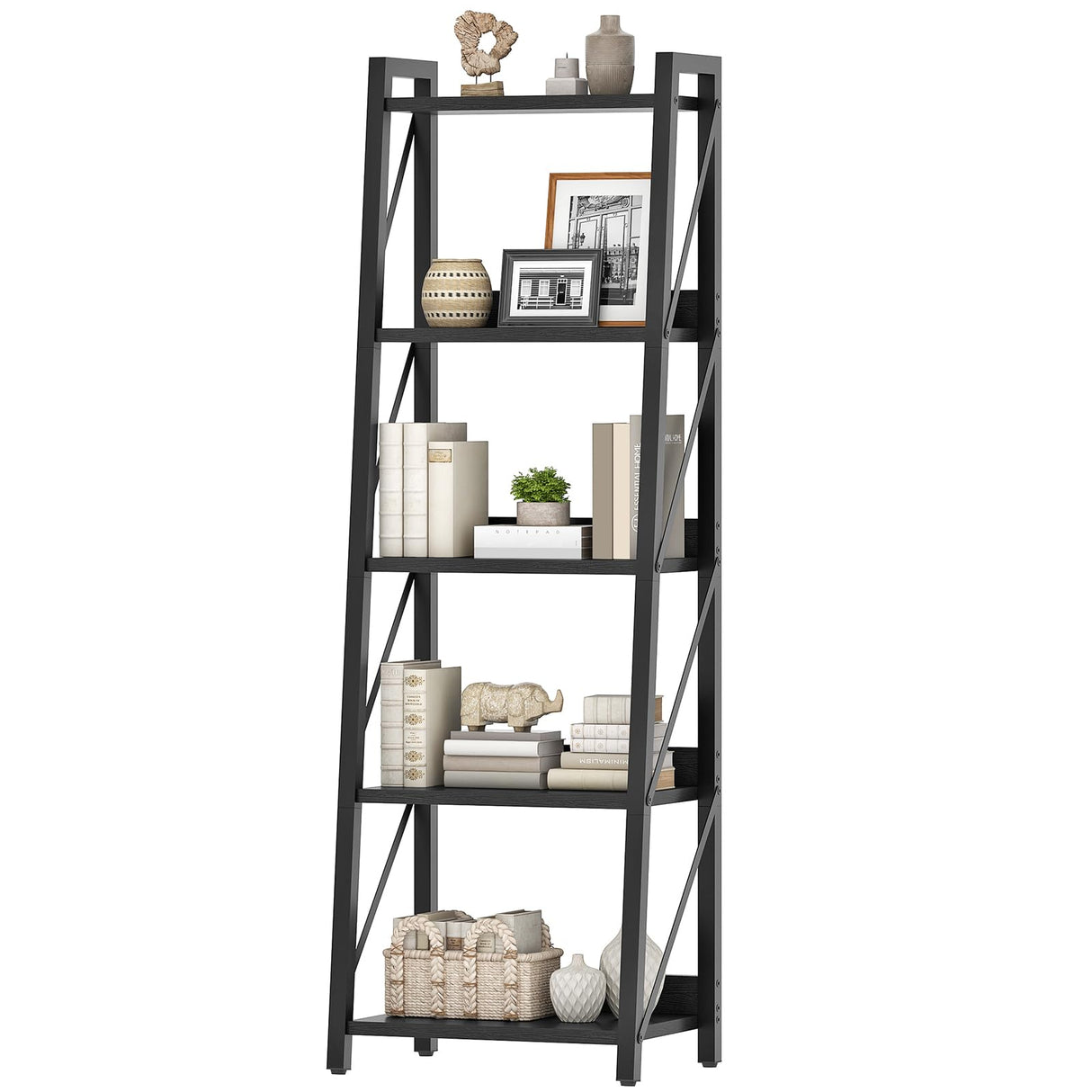 HOOBRO Ladder Shelf, 5-Tier Bookshelf, Corner Bookcase, Freestanding Storage Shelf Display Organizer, for Living Room, Bedroom, Home Office, Kitchen, Black BB305CJ01 HOOBRO