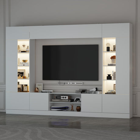 ROMSHINE Large Entertainment Center with Storage, 114" W Wall Unit TV Stand with Bookshelves & Light in White Color, Modern Media Center Cabinet with Bridge, for Living Room Bedroom, White ROMSHINE