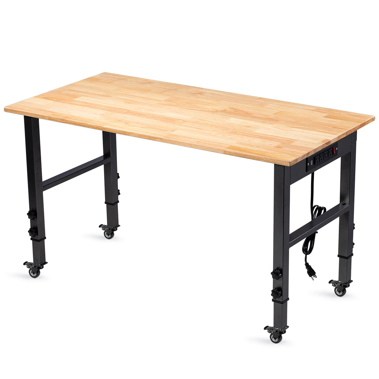 GVGBUK 48" Height Adjustable Workbench, 2000 LBS Load Capacity Rubber Wood Top Workstation, Heavy-Duty Hardwood Worktable for Garage Workshop (with Wheels and socket,48'') GVGBUK