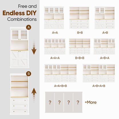 71" Tall Farmhouse Kitchen Pantry, Large Storage Cabinet with Glass Doors and Drawers, Freestanding Coffee Bar Hutch with Microwave Stand, Adjustable Shelves for Kitchen, Living Room, White 3 Pcs