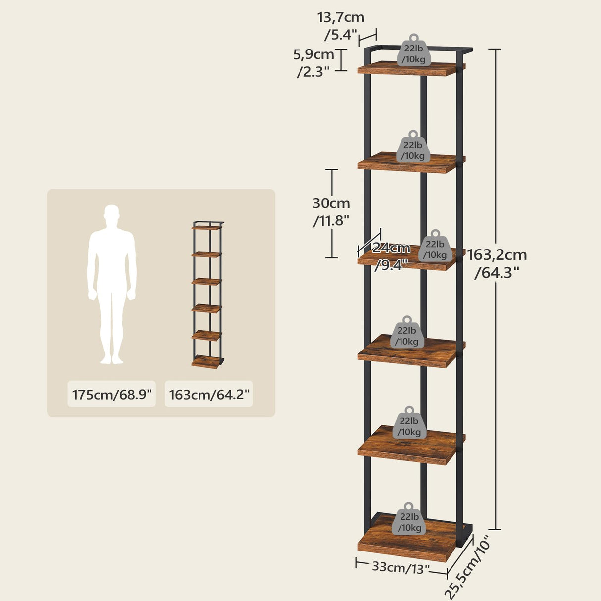 MAHANCRIS Bookshelf, 6-Tier Bookcase, Vertical Tall Narrow Book Shelf for Small Space, Open Storage Display Shelf with Stable Base & Anti-Tip Kits, for Living Room, Study, Rustic Brown BKHR11601 MAHANCRIS