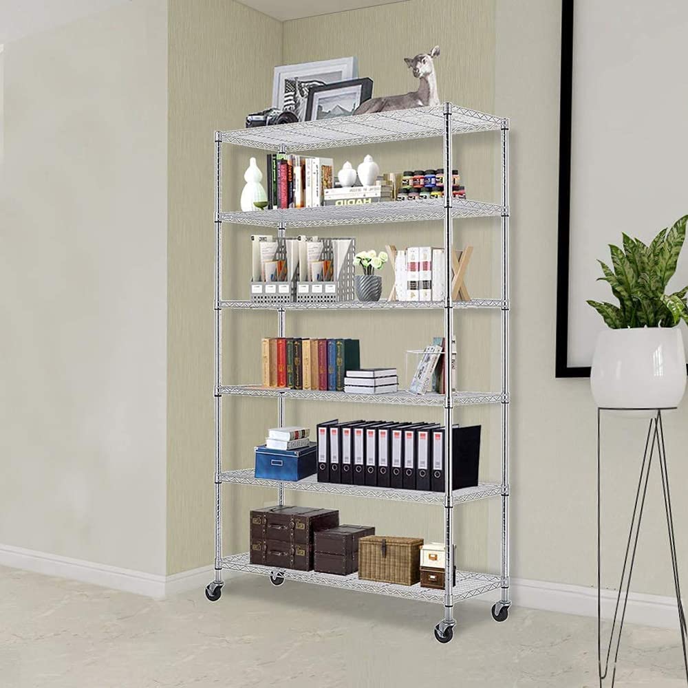 FDW 48"L×18"W×82"H Wire Shelving Unit Storage Cart Metal Shelf Rolling Utility Cart 2100Lbs Capacity with 6 Tier Casters Adjustable Layer Rack Strong Steel for Restaurant Garage Pantry Kitchen,Chrome FDW