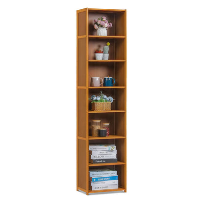 MoNiBloom Bamboo 7 Tier Free Standing Tall Bookcase Narrow Display Storage Shelves Collection Décor Furniture for Home Living Room Study Room, Brown