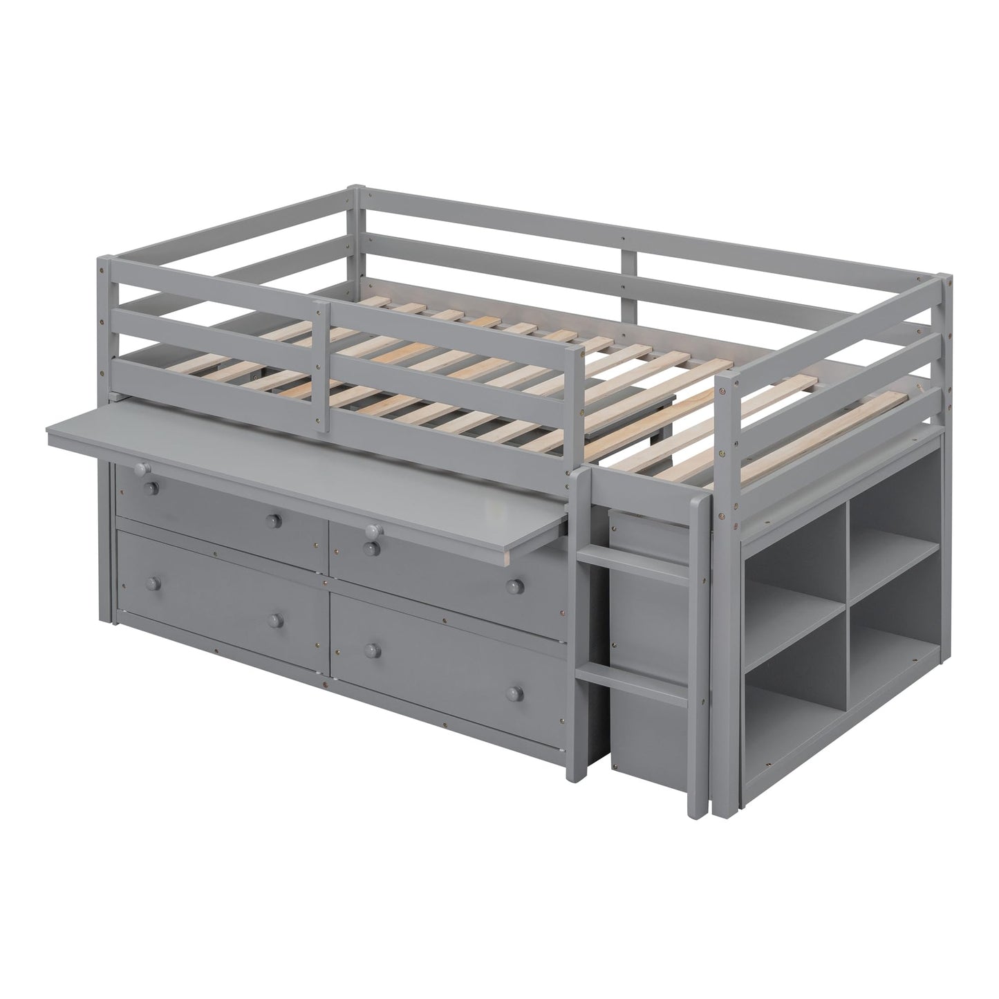 Kids Twin Low Loft Bed with Portable Desk and Storage Drawers in Gray by Harper & Bright Designs - WoodArtSupply