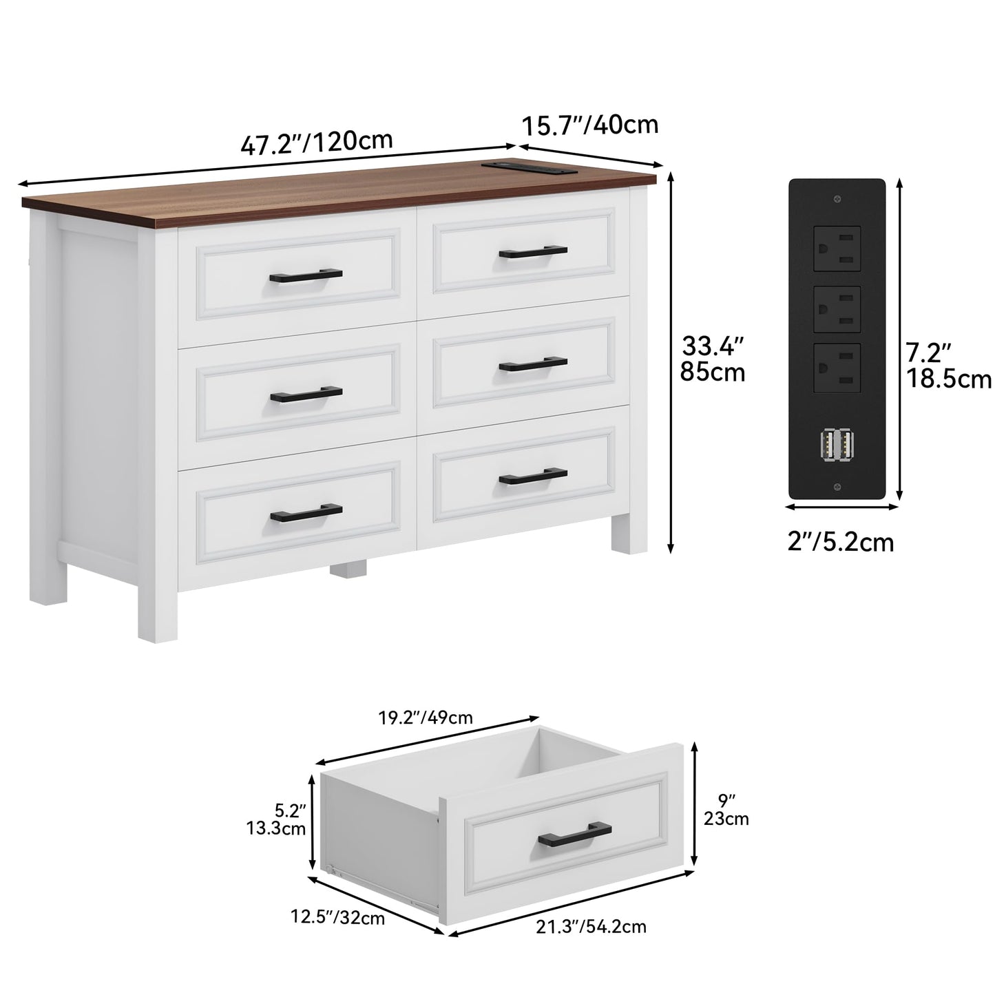 YITAHOME 6-Drawer Dresser with Built-in Power Outlet, Wood Dresser TV Stand with 6 Large Drawers & Bar Handles, Dresser Chest of Drawers for Entryway Living Room Hallway, White & Walnut