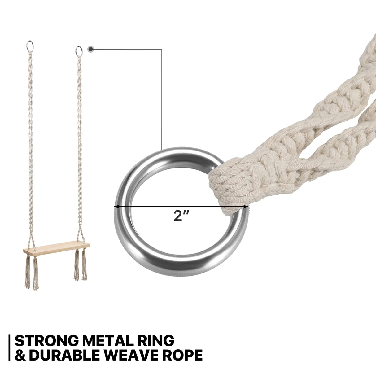 MoNiBloom Wooden Swing with Tassels, Outdoor Swing Seat for Adults with 350 lbs Capacity, Backyard Adjustable Rope Swing for Tree, Indoor/Outdoor Hanging Wood Swing Sets for Patio Garden Playground MoNiBloom