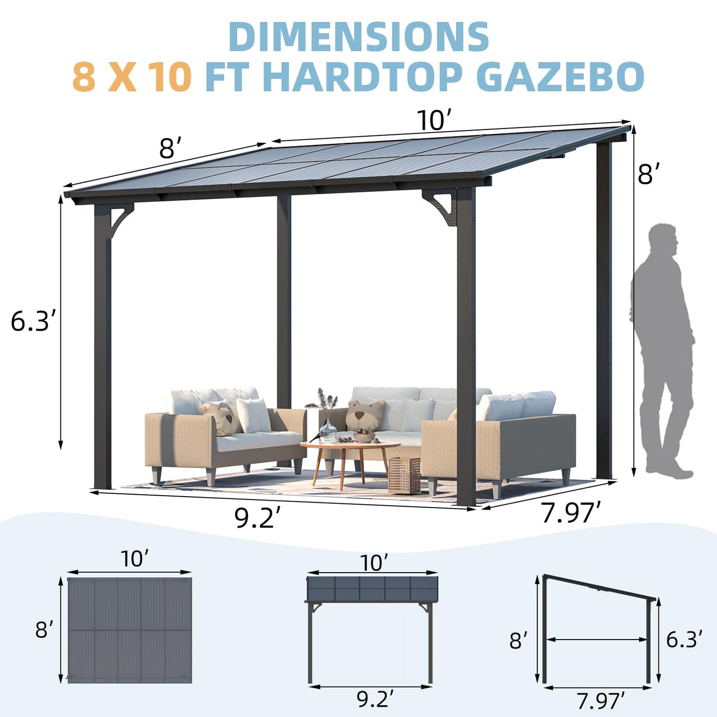 AECOJOY 10' x 8' Gazebo for Patio, Small Wall-Mounted Lean to Gazebo Pergola with Roof (80 Sq.Ft Shaded) on Clearance, Hard Top Heavy Duty Awnings for Decks, Backyard and More