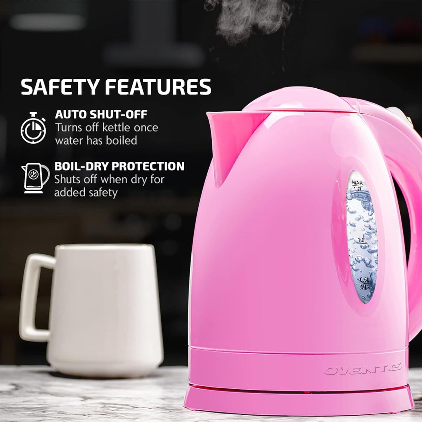 OVENTE Electric Kettle, Hot Water, Heater 1.7 Liter - BPA Free Fast Boiling Cordless Water Warmer - Auto Shut Off Instant Water Boiler for Coffee & Tea Pot - Pink KP72P