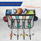 Kapler Bike Stand Rack - 4-Bicycle Floor Parking with Storage Basket & Anti-Slip Base for Garage Backyard Indoor & Outdoor Use - Fits Mountain Road & Hybrid Bikes Kapler