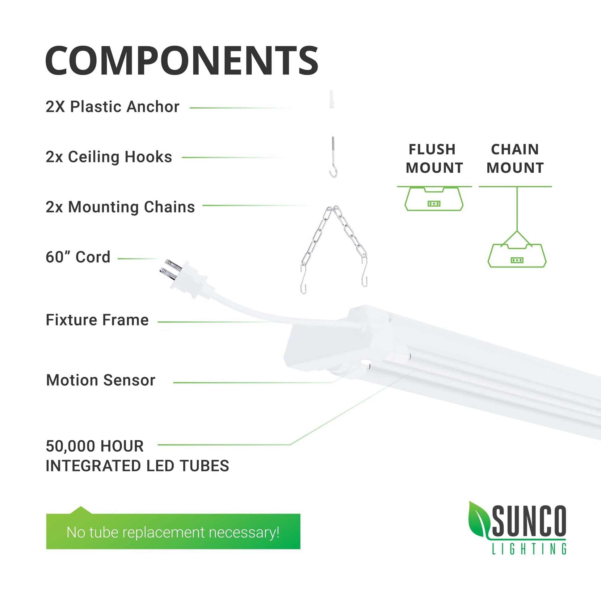 Sunco Motion Sensor 4ft LED Shop Light, Garage Lights Ceiling LED Plug in Fixtures, 40W, 5000K Daylight, Frosted, Motion Activated, Linkable Suspension Mount, ETL 4 Pack - WoodArtSupply