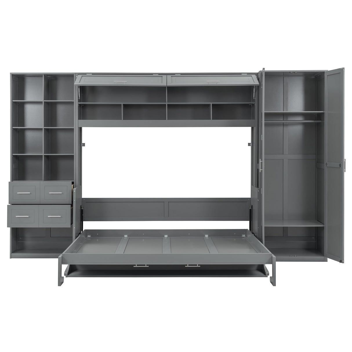 Merax Horizontal Murphy Bed Queen with Wardrobe, Queen Size Wall Murphy Bed with Small Desk, 2 Drawers, Storage Shelves and USB Charging Station, Wardrobe and Drawers Install on Left or Right, Gray Merax