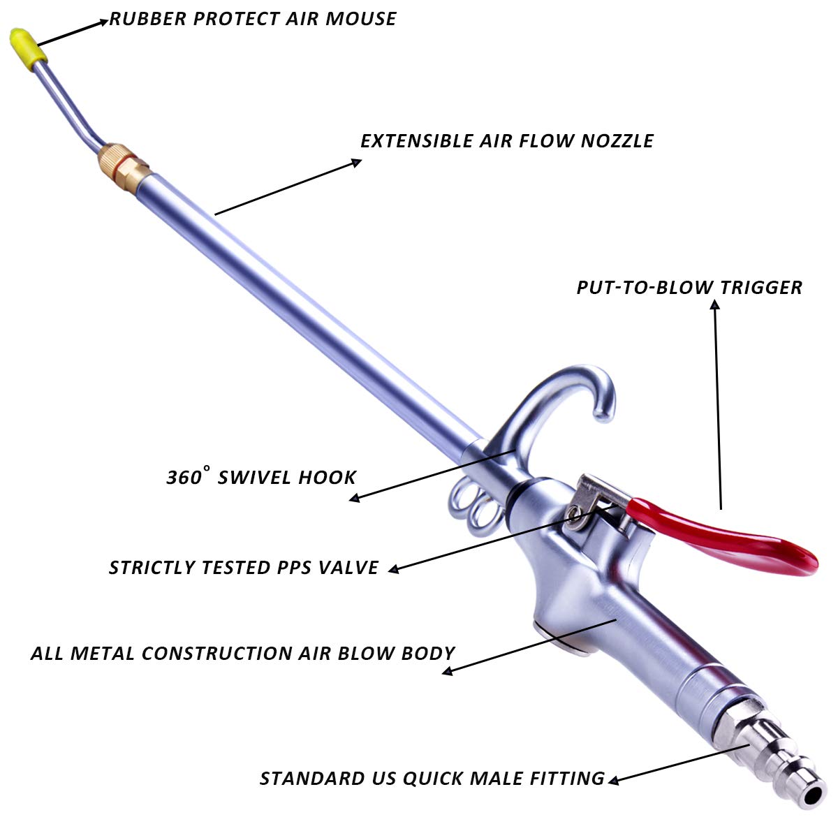 High Volume Powerful Industrial Air Blow Gun, 17-26 Inch Extensible Stainless Steel Air Flow Nozzle, Pneumatic Air Compressor Accessories Tool, Extended Dust Air Blower Gun with 360 Degree Swivel Hook JASTIND