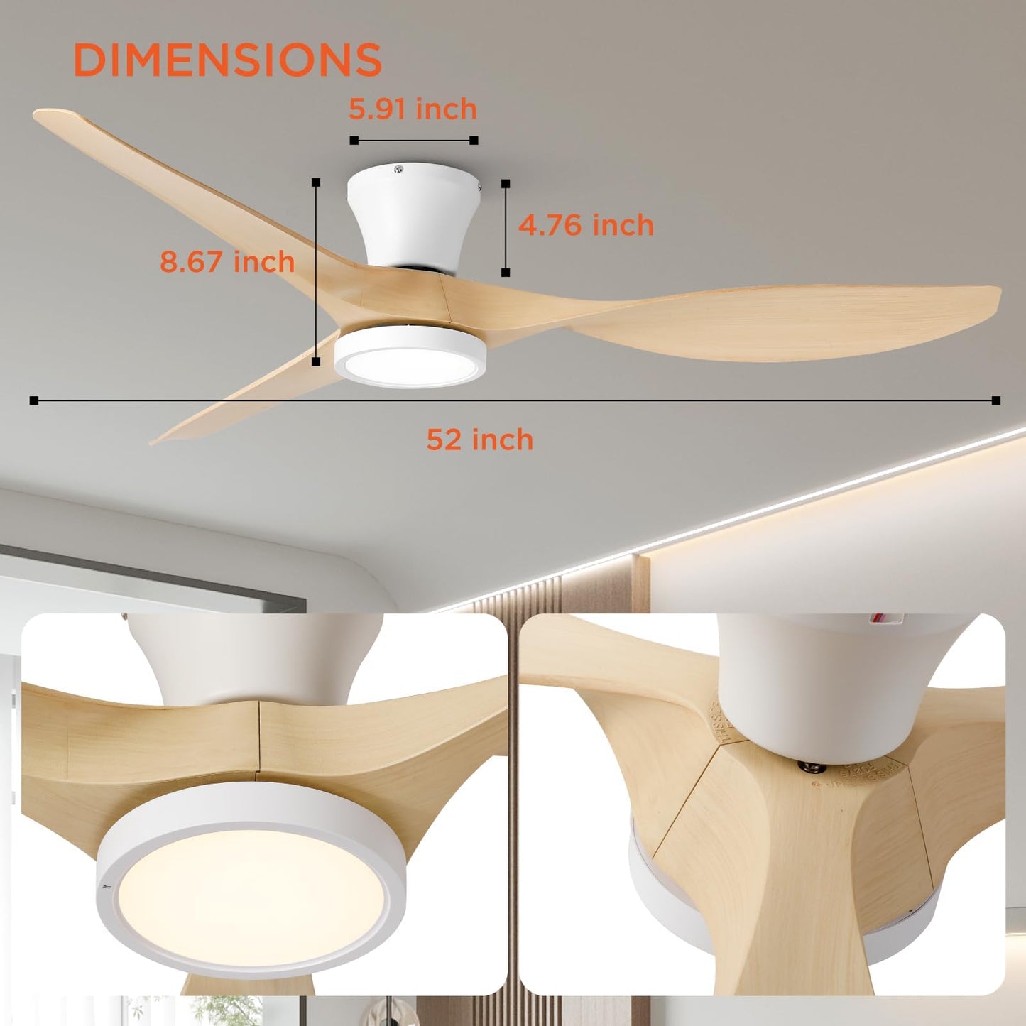 TALOYA 52 inch Ceiling Fans with Lights and Remote, Flush Mount Low Profile Ceiling Fan with Reversible DC Motor for Bedroom Living Room Kitchen Light Oak Finish - WoodArtSupply