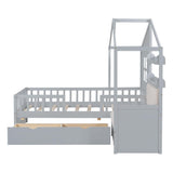 Kids Twin House Bed Frame with Upholstered Sofa and Storage Drawers in Grey Bellemave