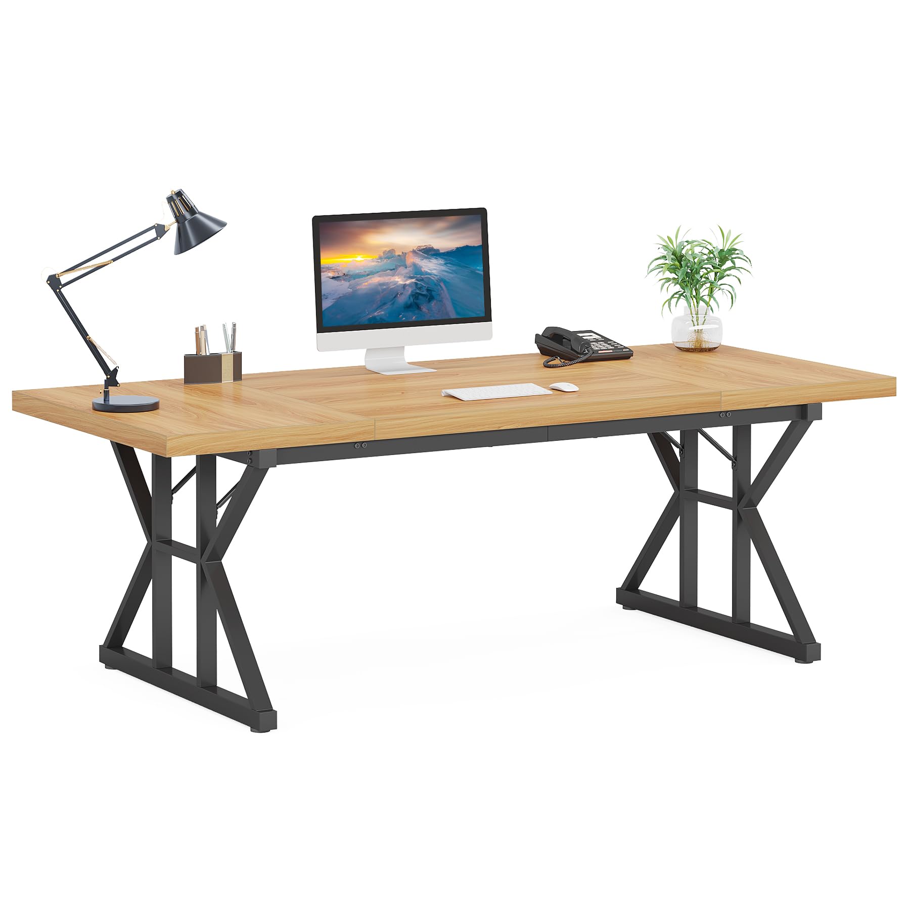 LITTLE TREE 70.8-Inch Large Executive Desk, Modern Computer Office Desk, Wooden Writing Desk Study Table for Home Office - WoodArtSupply