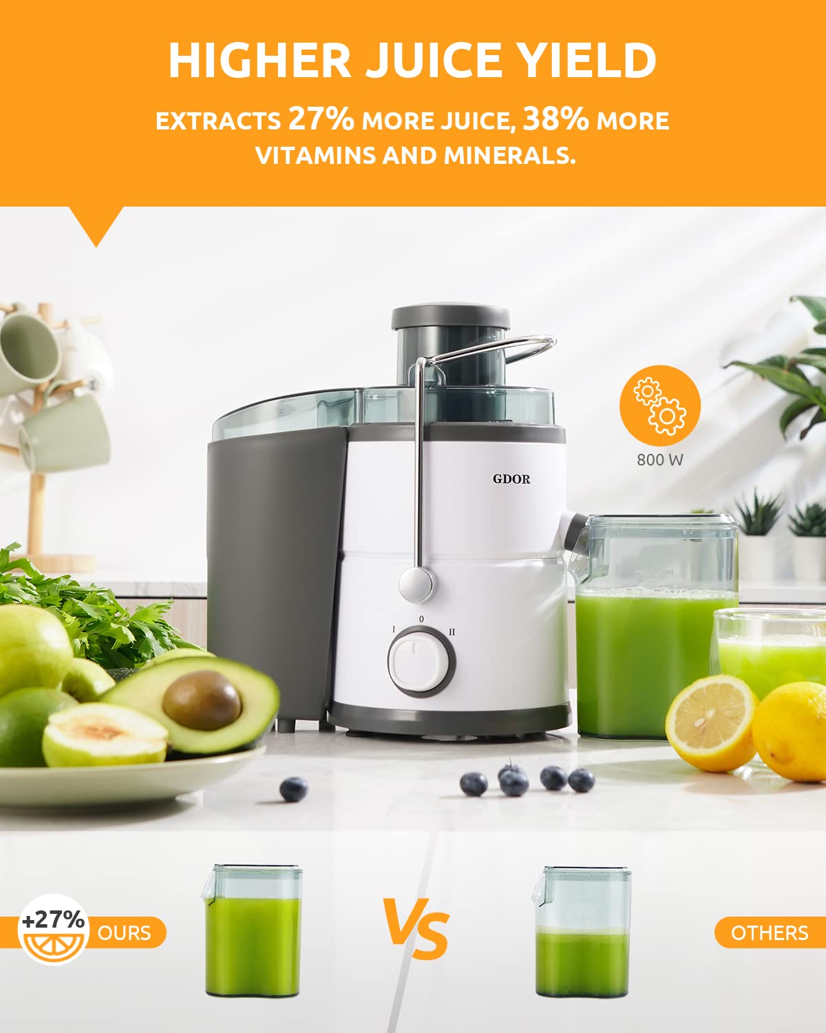 Juicer with 800W Motor, GDOR Juicer Machine with 3” Feed Chute, Dual Speeds Juice Maker for Fruits and Veggies, Anti-Drip Function Centrifugal Juicer, Include Cleaning Brush, BPA-Free, White GDOR