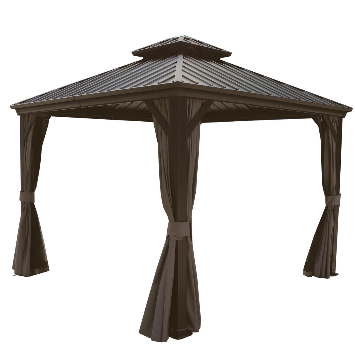 Kozyard 10'x10' Hardtop Gazebo - Permanent Metal Pavilion with Netting and Shaded Curtains for Patio, Backyard, and Deck - Galvanized Steel Outdoor Aluminum Canopy, Double Roof Gazebo (Brown) Kozyard