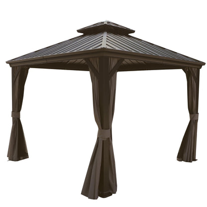 Kozyard 10'x10' Hardtop Gazebo - Permanent Metal Pavilion with Netting and Shaded Curtains for Patio, Backyard, and Deck - Galvanized Steel Outdoor Aluminum Canopy, Double Roof Gazebo (Brown) - WoodArtSupply