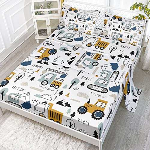 Datura home Woodland Construction Sheets Set 4Pcs for Kids,Cartoon Excavator Truck Lifter Print Sheet Set with 1 Flat Sheet and 1 Fitted Sheet + 2 Pillowcases(Woodland Construction Full) Datura home