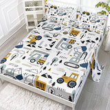 Datura home Woodland Construction Sheets Set 4Pcs for Kids,Cartoon Excavator Truck Lifter Print Sheet Set with 1 Flat Sheet and 1 Fitted Sheet + 2 Pillowcases(Woodland Construction Full) Datura home