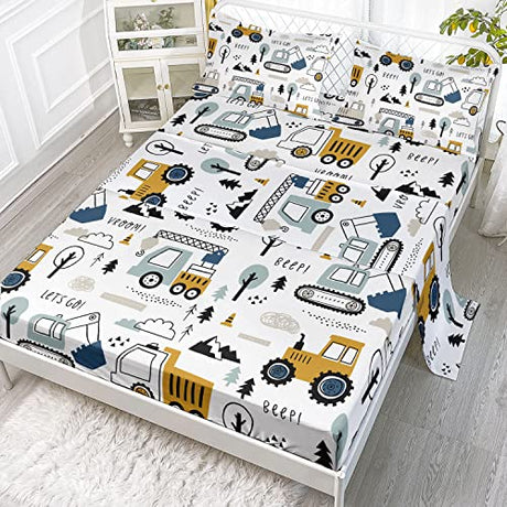 Datura home Woodland Construction Sheets Set 4Pcs for Kids,Cartoon Excavator Truck Lifter Print Sheet Set with 1 Flat Sheet and 1 Fitted Sheet + 2 Pillowcases(Woodland Construction Full) Datura home