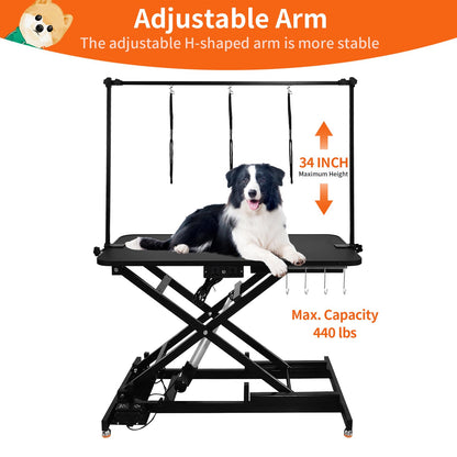 automoris 47" Electric Hydraulic Dog Grooming Table with Adjustable Height, Black Heavy Duty Pet Grooming Table for Large Dogs with Aluminium Overhead Arm, Anti-Skid Rubber Desktop Powerful Motor