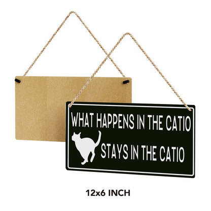 SENJIAN Rustic Cat Lovers Wood Decor Sign, What Happens in the Catio Stays in the Catio Printed Wood Sign Wall Art, Hanging Door Sign, Decorative Wood Sign Home Decor 12" x 6" - WoodArtSupply