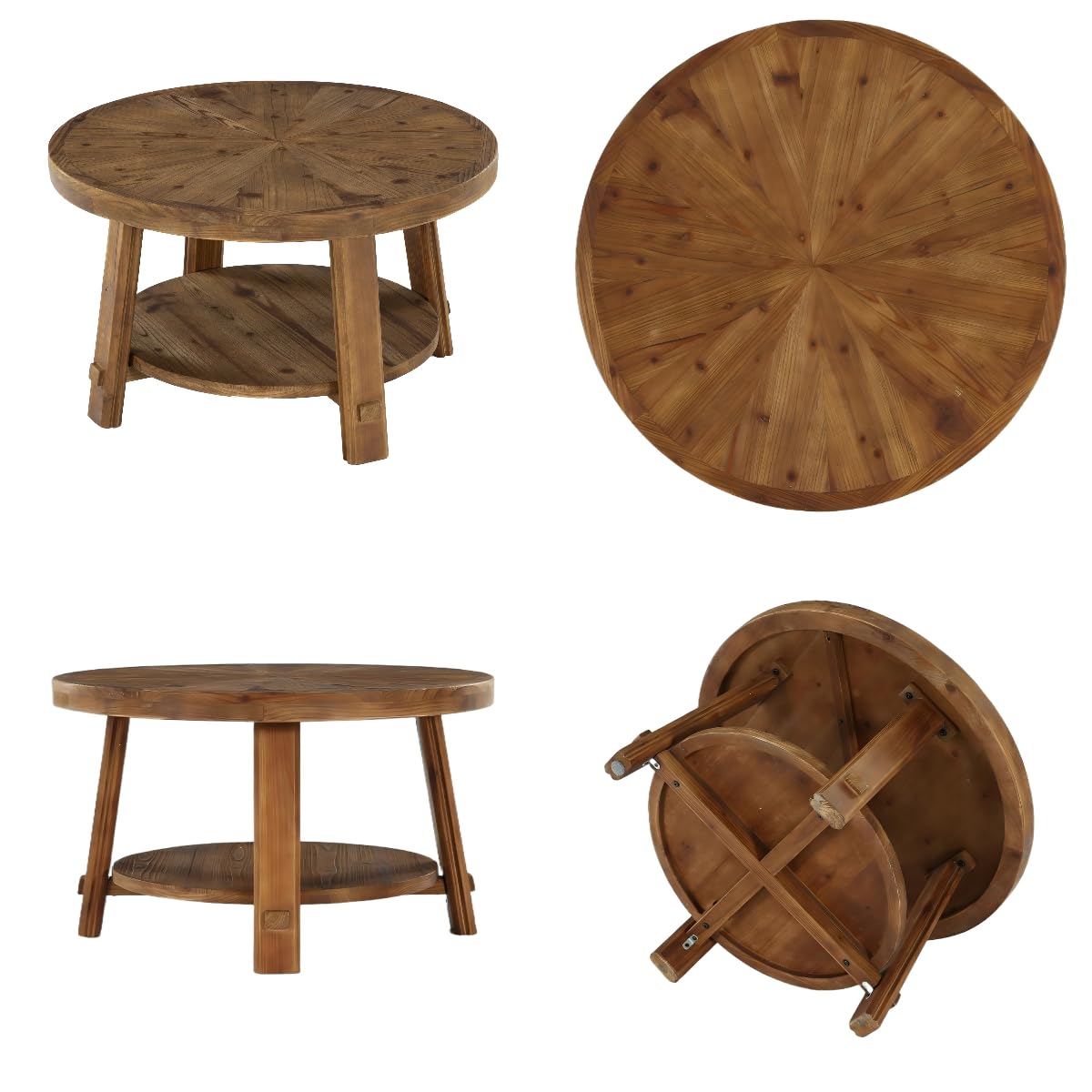 LITTLE TREE Solid Wood Coffee Table with Storage, 2-Tier Farmhouse Round Coffee Table for Living Room, Easy Assembly (Rustic Wood Color) LITTLE TREE
