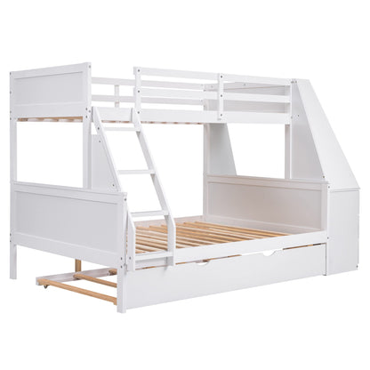 Modern Twin Over Full Bunk Bed with Desk, Trundle, and Storage Drawers in White - WoodArtSupply