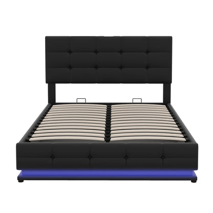 Harper & Bright Designs Full Size Lift Up Storage Bed with LED Lights and USB Charger, Black Faux Leather - WoodArtSupply