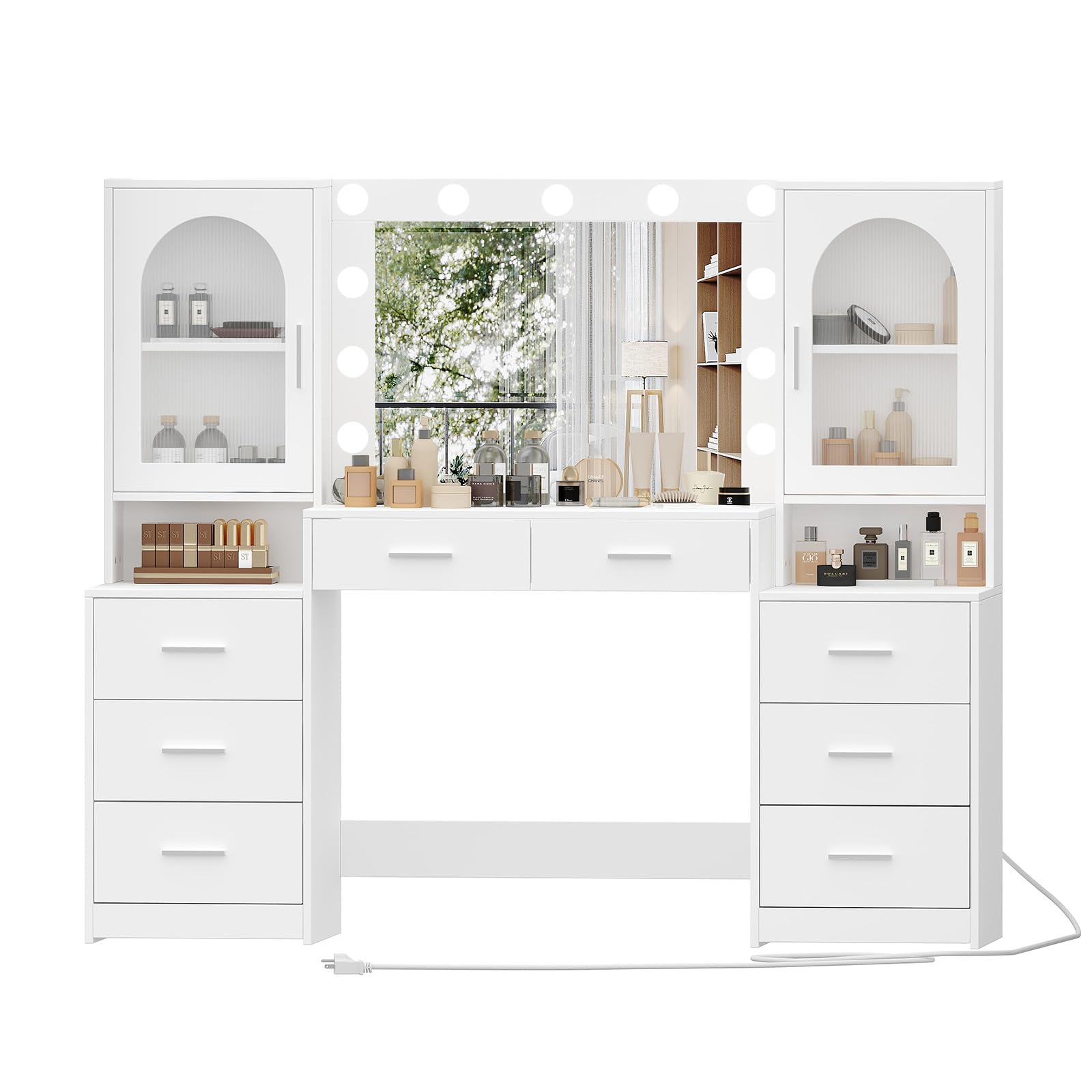 Rovaurx Large Vanity Desk with Mirror & Lights, Large Makeup Vanity Table with Charging Station, Bedroom Makeup Vanity with 8 Drawers and Side Cabinet, 3 LED Light Modes, White RSZT113W - WoodArtSupply