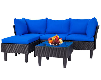 FDW 5 Pieces Patio Furniture Sets Outdoor Sectional Sofa Wicker Chair Rattan Conversation Set for Outdoor Backyard Porch Poolside Balcony Garden Furniture with Coffee Table,Blue Cushion