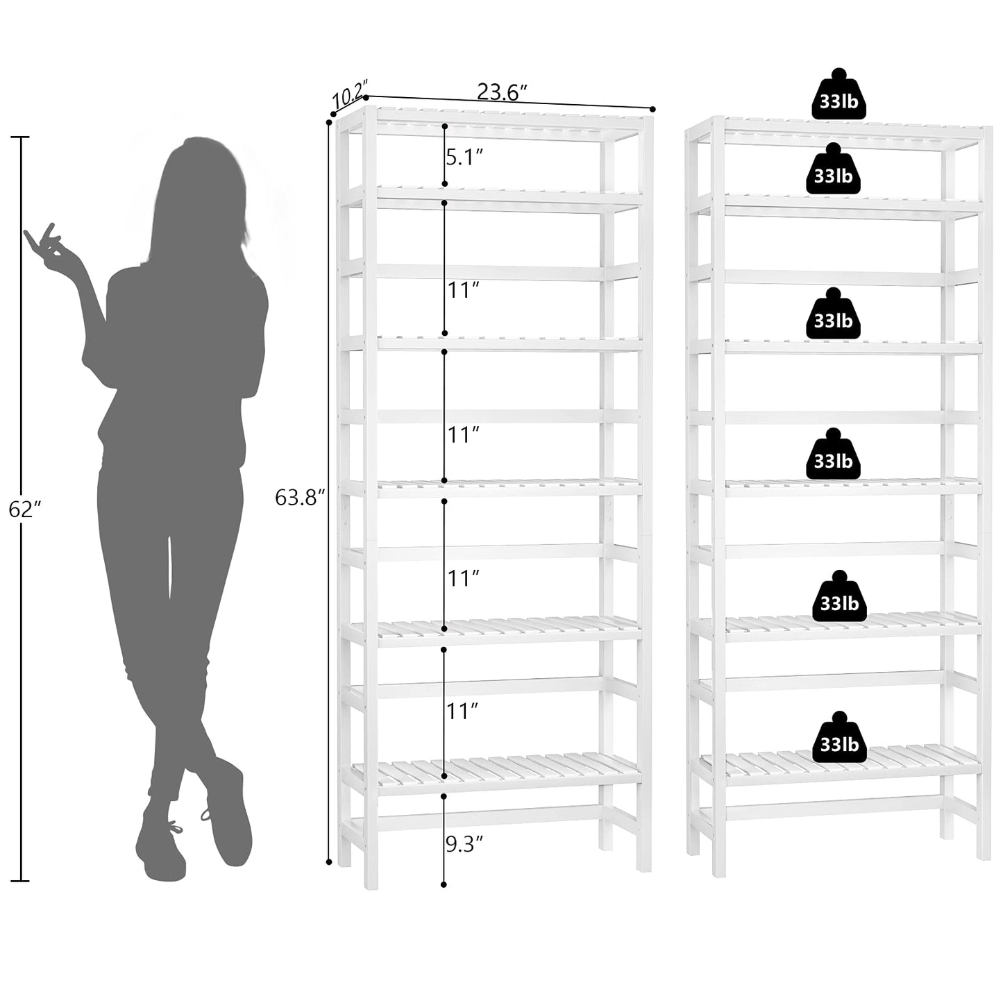 Homykic 6-Tier Adjustable Bamboo Bookcase - 63.4” Tall White Free Standing Storage Shelf - WoodArtSupply