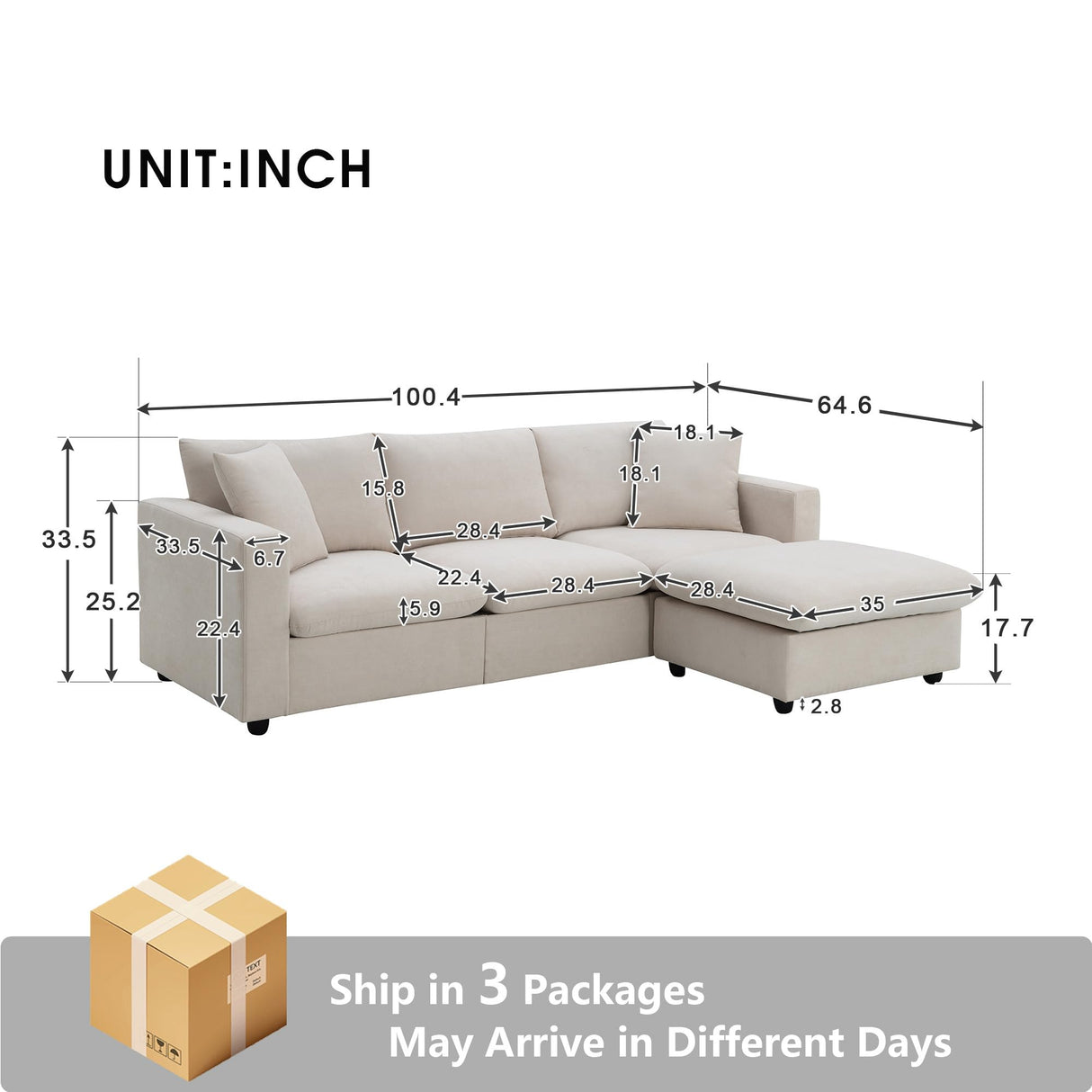 Tmsan 100.4" Beige Cloud Couches for Home Living Room Sofa Set, Modern L Shaped Sectional Couch with Convertible Ottoman, 4 Seater Comfy Polyester Fabric Modular Sofa for Apartment Bedroom Office Tmsan