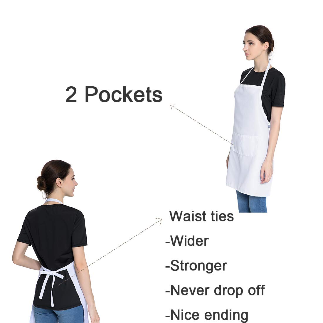 LOYHUANG Total 6PCS White Apron for Women Adult Unisex Plain Color Bib aprons with 2 Front Pockets Washable Chef Aprons for Cooking Baking Kitchen Restaurant Crafting LOYHUANG