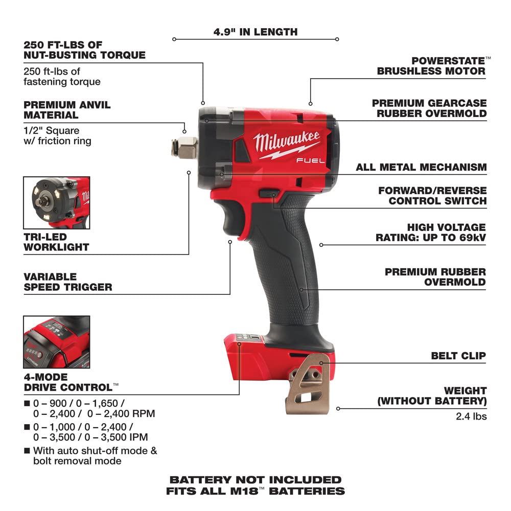 Milwaukee 2855-20 18V Brushless Cordless 1/2" Impact Wrench with Friction Ring - WoodArtSupply