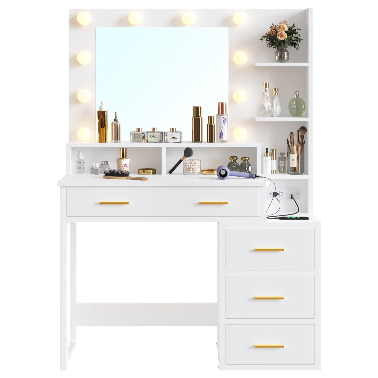 Tiptiper White Makeup Vanity with 10 Light Bulbs, Modern Vanity Desk with Mirror & 3 Lighting Modes, Vanity Table with 2 USB Ports and Outlets, Makeup Desk with Nightstand, Storage Shelves and Drawers