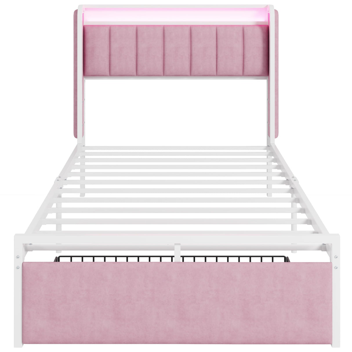 LIKIMIO Twin Size Bed Frame with Armrests Headboard & RGB Light, Upholstered Twin Size Bed Platform with Drawers, No Box Spring Needed, Study & No Noise, Modern Pink LIKIMIO