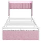 LIKIMIO Twin Size Bed Frame with Armrests Headboard & RGB Light, Upholstered Twin Size Bed Platform with Drawers, No Box Spring Needed, Study & No Noise, Modern Pink LIKIMIO