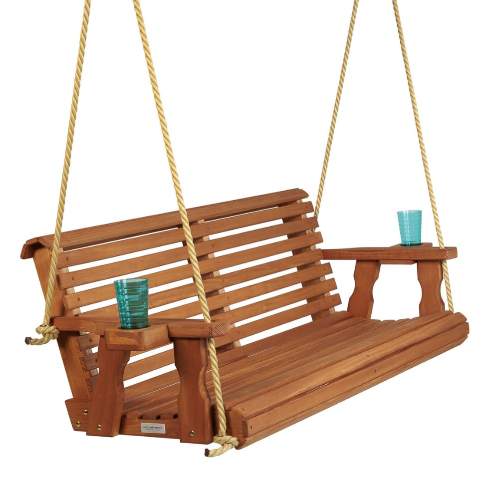 Amish Casual Heavy Duty 800 Lb Roll Back Treated Porch Swing with Hanging Ropes and Cupholders (4 Foot, Cedar Stain) Amish Casual