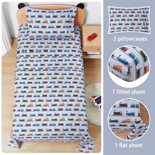 Viviland 3 Pieces Boys Grey Twin Sheet Set - Soft Microfiber Fitted Flat Sheets & Pillowcase - Retro Train Print Bedding Sets - for Kids & Toddlers Viviland