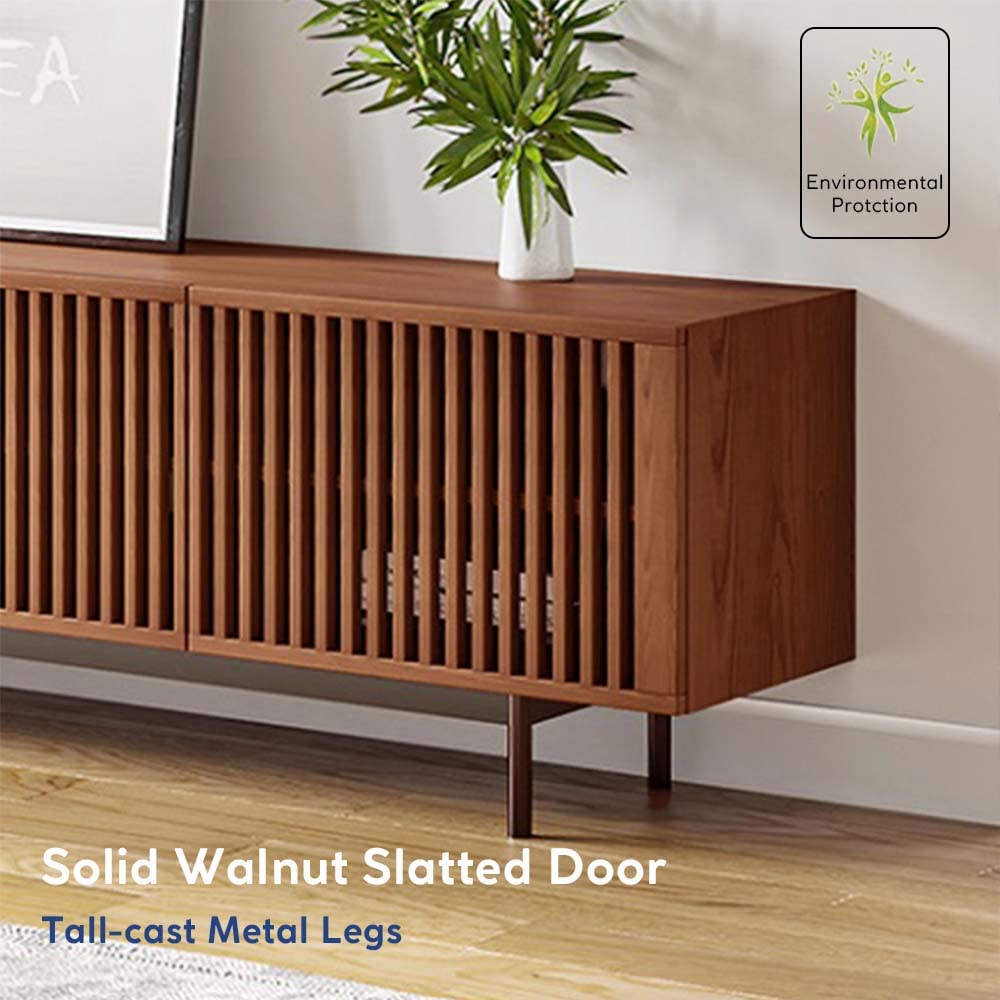 POVISON Modern Media Console with Storage, 95'' Solid Wood TV Stand for 75+ Inch TV, Farmhouse Slatted Door Entertainment Center, Full Assembled Tall POVISON