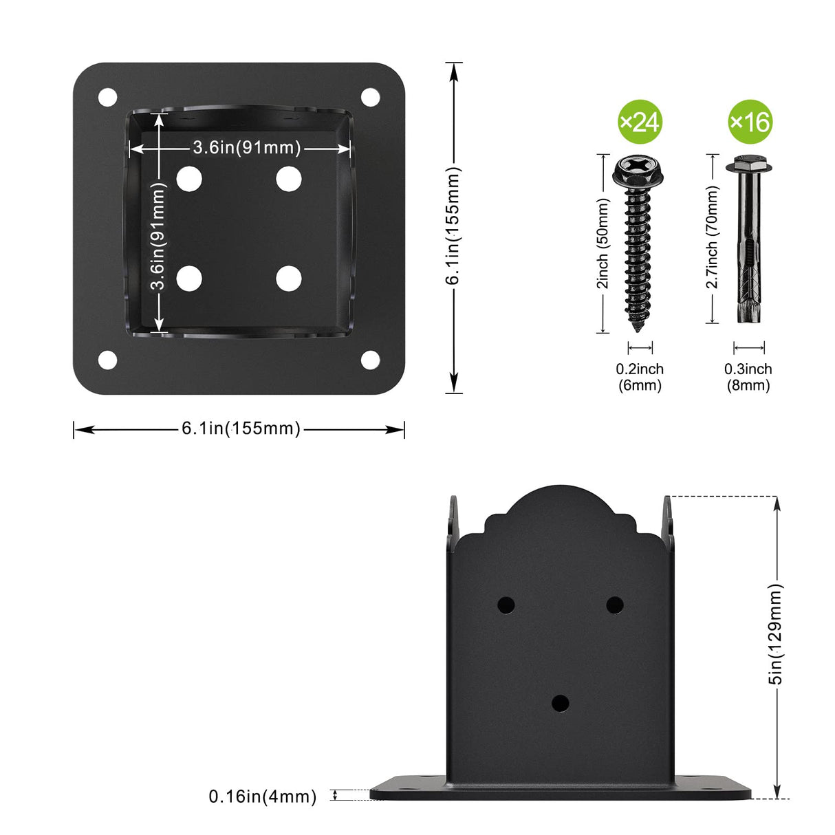 Insaga Decorative 4x4 Post Base, 4x4 Post Bracket (Inner Size 3.6" x 3.6"), Black Powder Coated Deck Railing Bracket, 4x4 Brackets for Wood Posts, Deck Post Support (Set of 4) Insaga