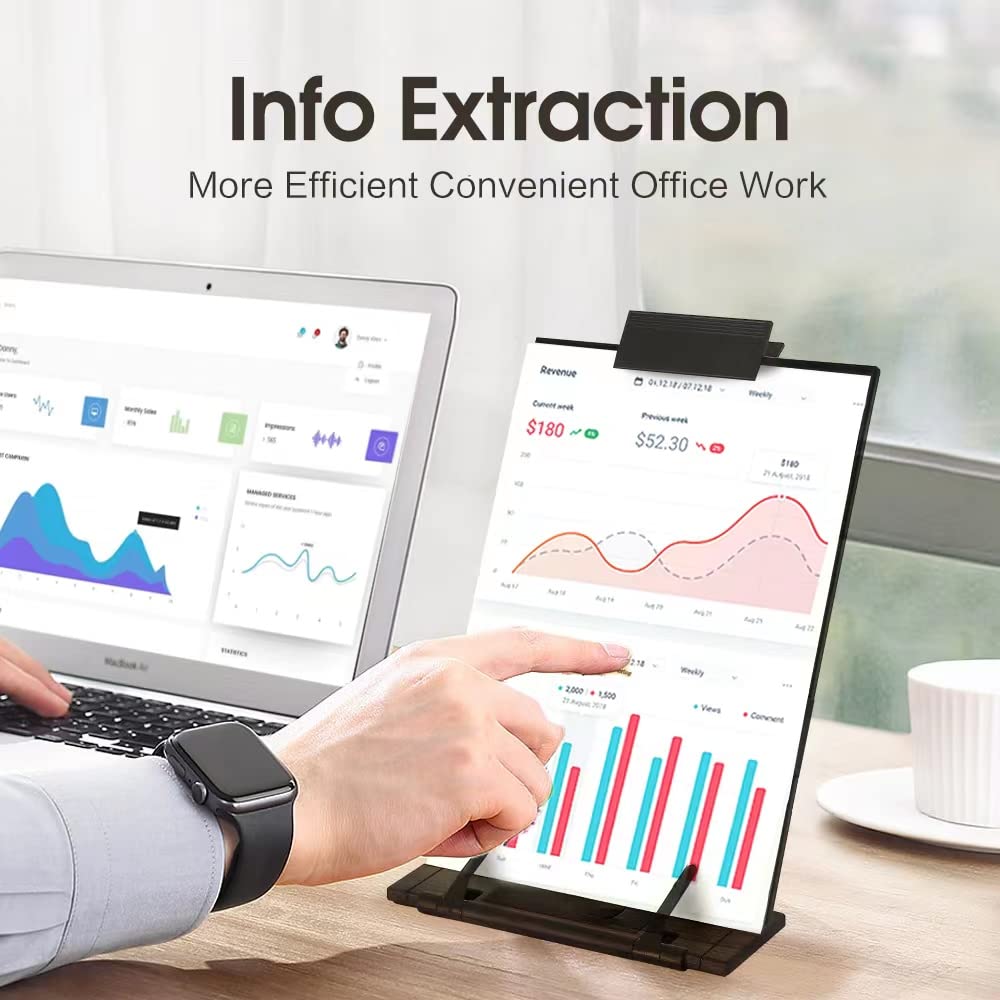 Desktop Document Holder Stand with 7 Adjustable Positions, Black Metal File Organizer Management Copyholder for Typing Speech Reading A4 Letter Music Book Tablet Office, with Paper Clip and Line Guide OSPNIEEK