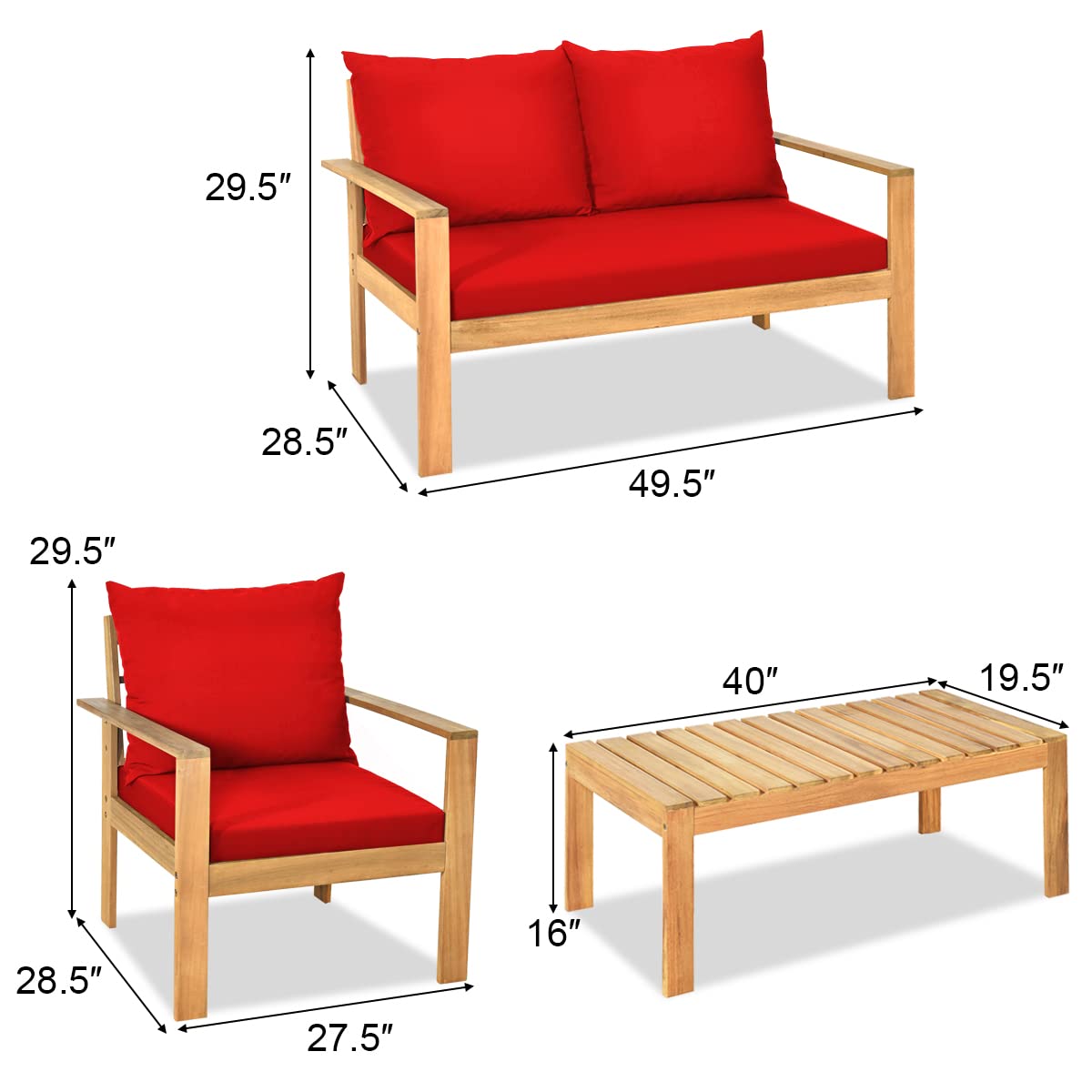 COSTWAY 4 Pieces Outdoor Acacia Wood Sofa Set, Outdoor Conversation Sofa Set with Table & Cushions Porch Chairs for Garden, Patio, Deck - WoodArtSupply