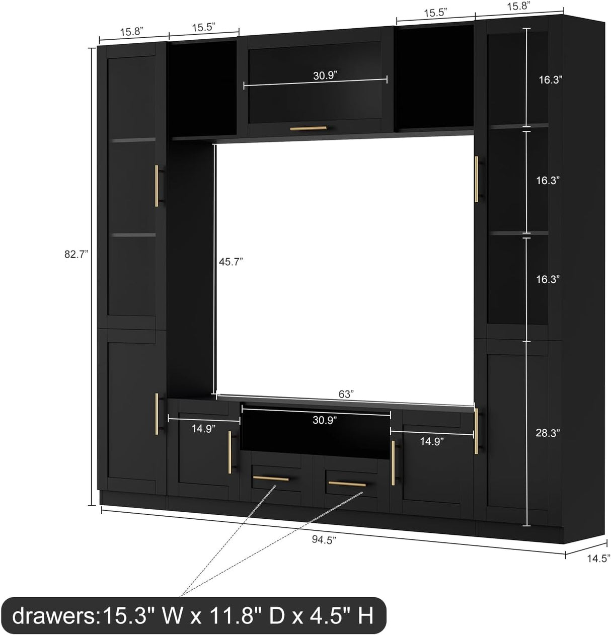 Bobve 94" Wall Unit Entertainment Center for TVs up to 70", Modern TV Console with LED Lights, Multifunctional TV Stand with Tempered Glass Door, Drawers & Shelves for Living Room, Black Bobve