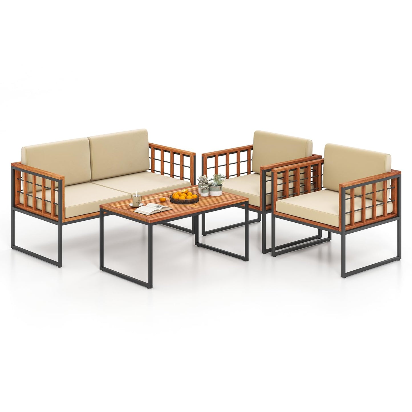 Tangkula Acacia Wood Outdoor Sofa Set, 4 Pieces Outdoor Furniture Set with Heavy Duty Metal Frame, Soft Seat & Back Cushions, for Balcony, Porch, Backyard or Poolside (1, Beige) - WoodArtSupply