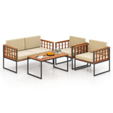 Tangkula Acacia Wood Outdoor Sofa Set, 4 Pieces Outdoor Furniture Set with Heavy Duty Metal Frame, Soft Seat & Back Cushions, for Balcony, Porch, Backyard or Poolside (1, Beige) Tangkula